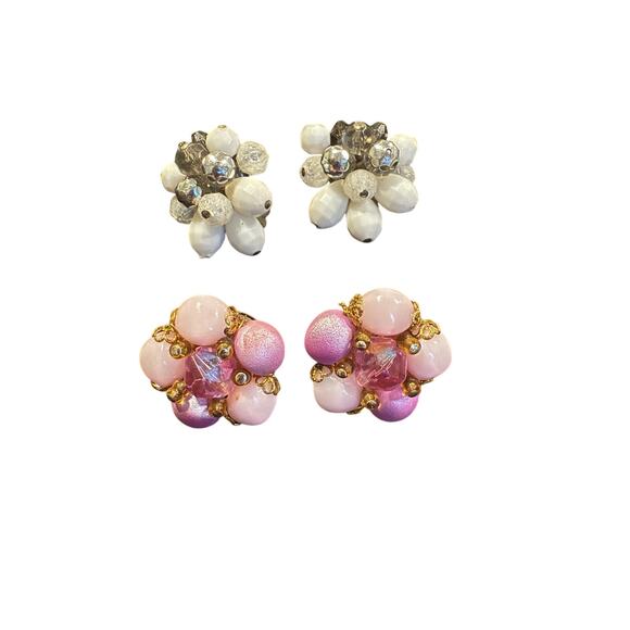 Vintage Western Germany Beaded Cluster Clip On Earrings Two Pairs - Picture 1 of 2
